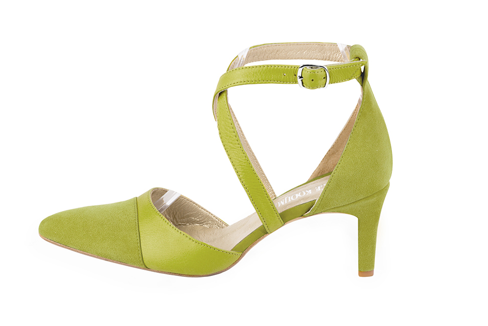 Pistachio green women's open side shoes, with crossed straps. Tapered toe. Medium comma heels. Profile view - Florence KOOIJMAN